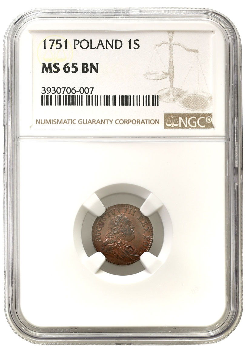 August III Sas. Szeląg 1751 Grünthal  NGC MS65 BN (MAX) - menniczy - okazowy NAJPIĘKNIEJSZY NA RYNKU